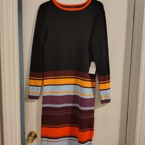 Eloquii Black and Multicolor Striped Long Sleeve Dress